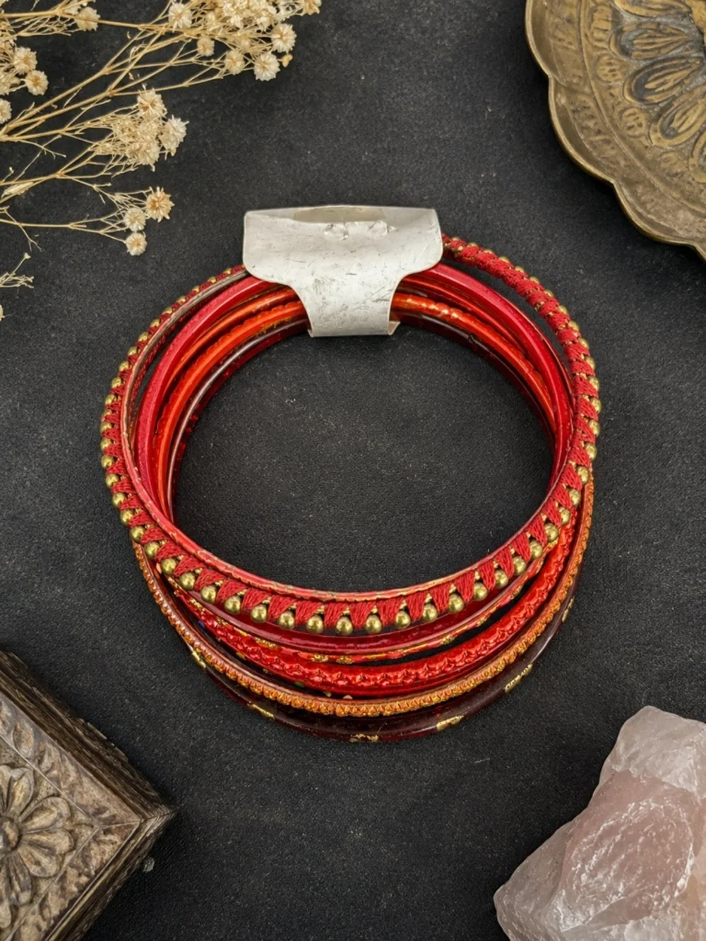 Vintage Style Red Gold Boho Bangle Bracelet Stack Set Festival Jewelry